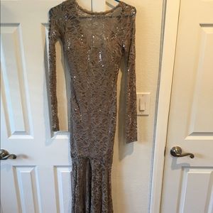 Sandy brown, lace, sequin, long sleeved prom dress