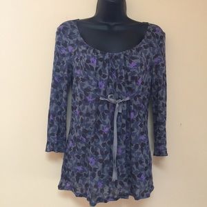 BODEN Grey Purple Front Tie Floral Pattern LS Top