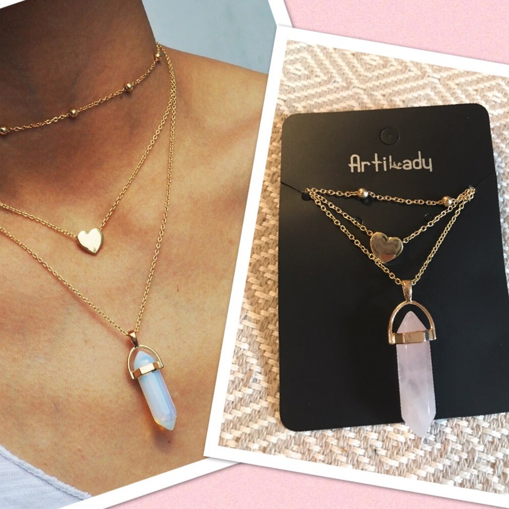 Layer necklace rose quartz stone choker heart new