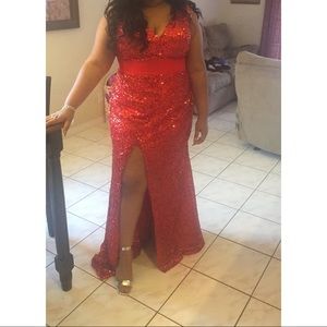 plus size red sequined prom gown