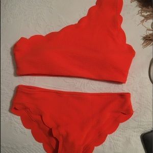 Orange scalloped one-shoulder two piece swim suit