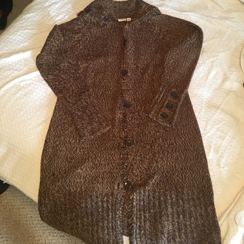 Long Sweater / Cardigan w/ Button & Fringe Detail