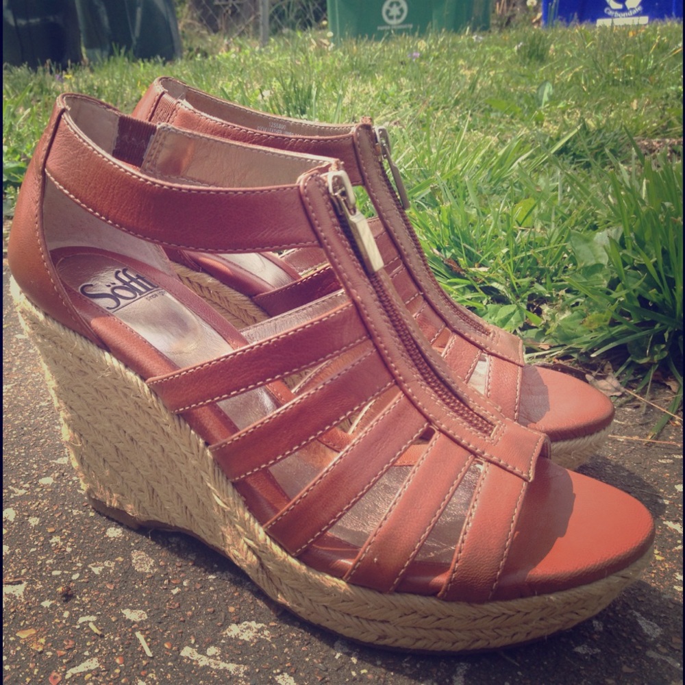 Brown Faux Leather Wedge Sandals