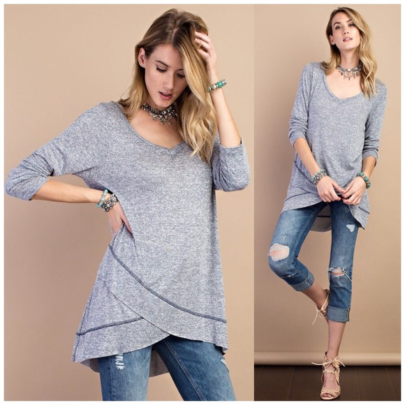 🇺🇸SALE Light Gray Draped V Neck Tunic Top - Picture 3 of 5