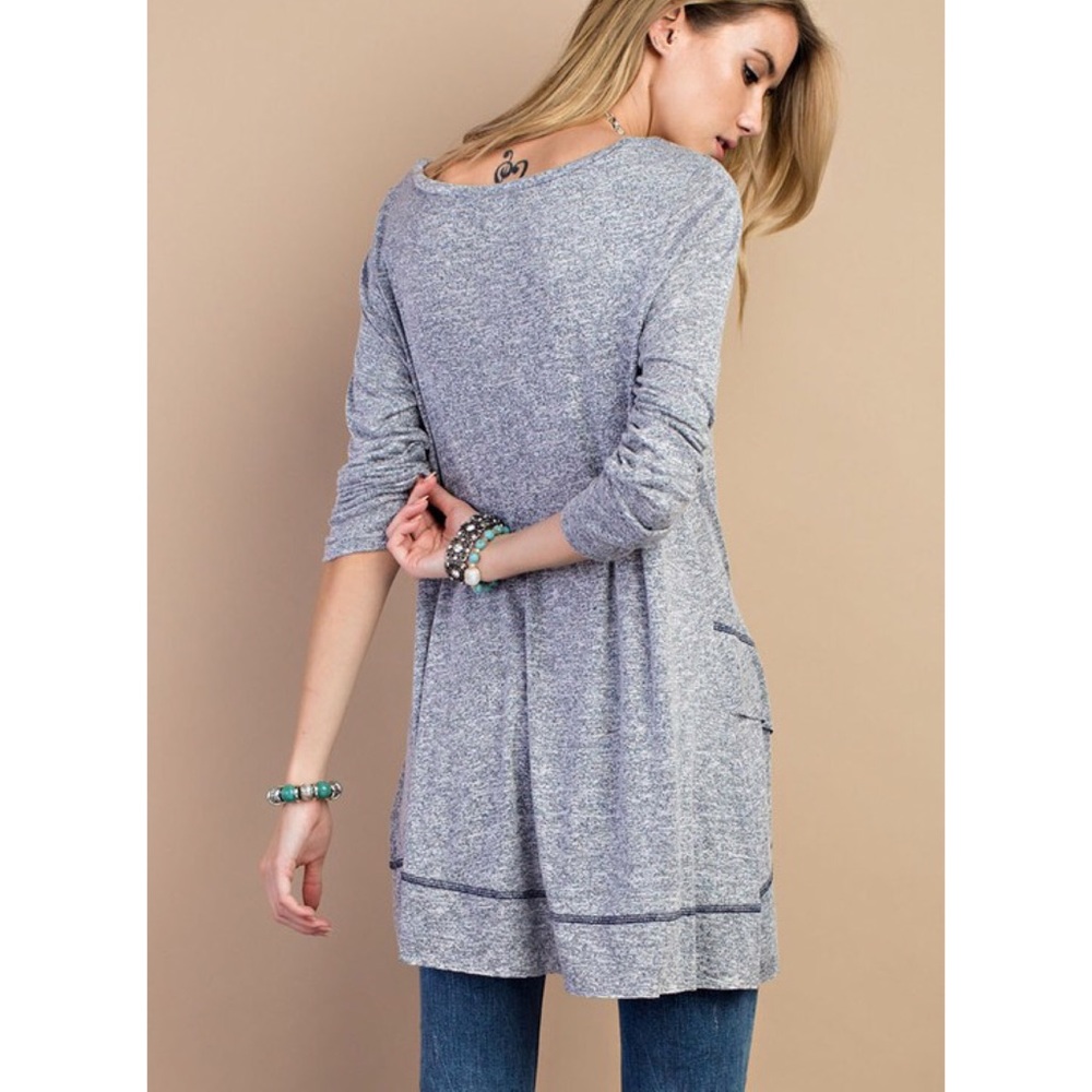 Navy 2 Tone Soft Draped V Neck Tunic - Picture 3 of 4