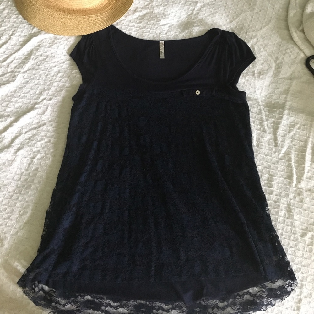 Sweet Navy Lace Top with Pin tucked Short Sleeve