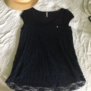 Sweet Navy Lace Top with Pin tucked Short Sleeve