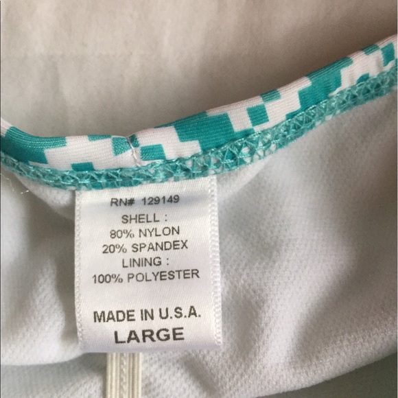 Swim Suit Green white print with pink bow. - Picture 2 of 4