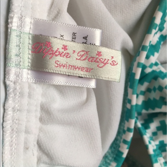 Swim Suit Green white print with pink bow. - Picture 3 of 4