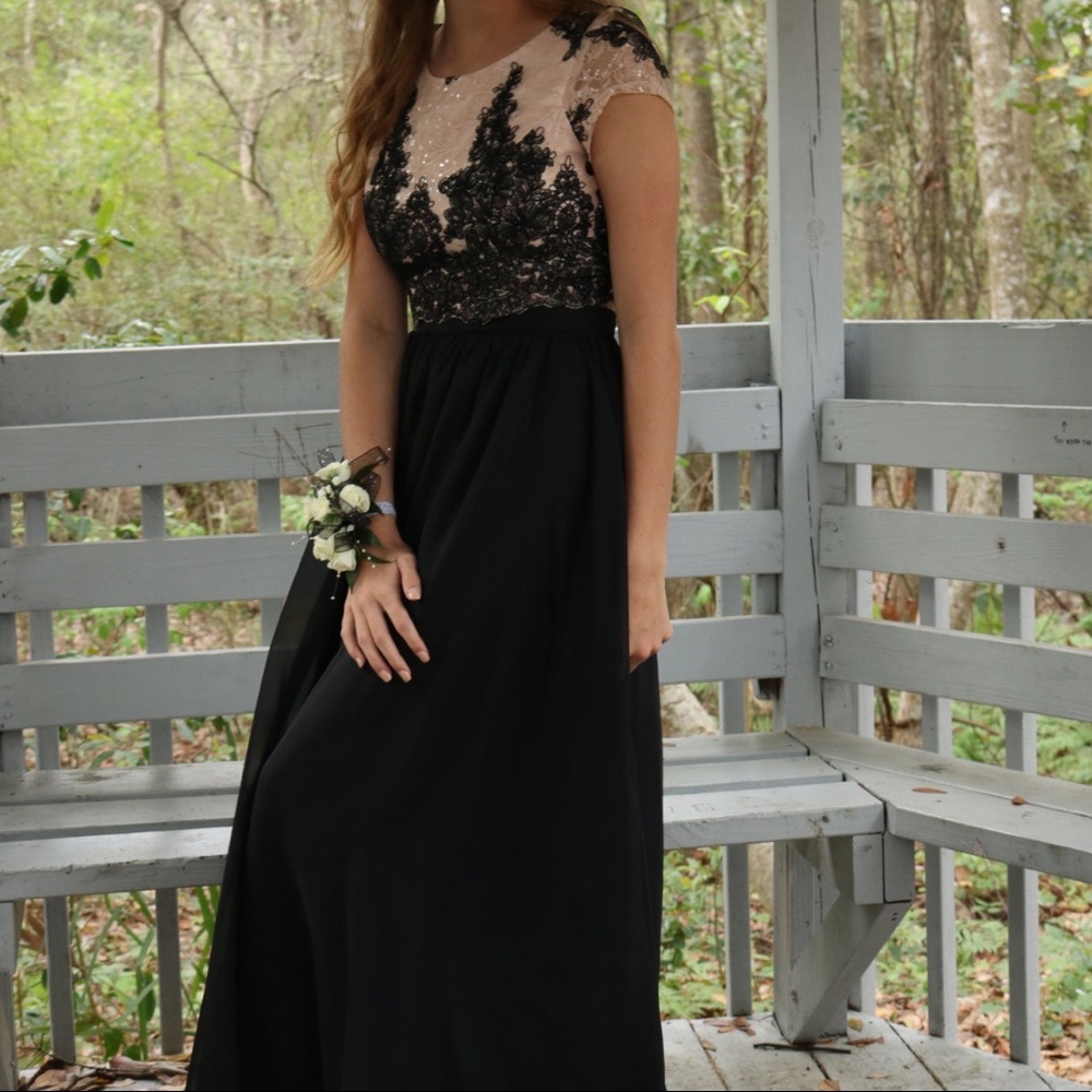 2 piece light pink/black lace prom dress