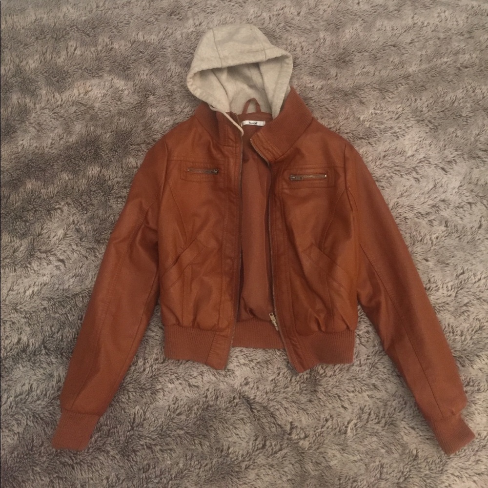 Camel faux leather jacket with hood