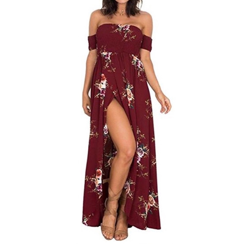 Floral Print Split Maxi Dress ,Off the Shoulder