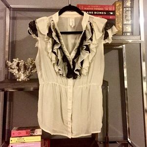 Cream & Black Sheer Button-Up Blouse