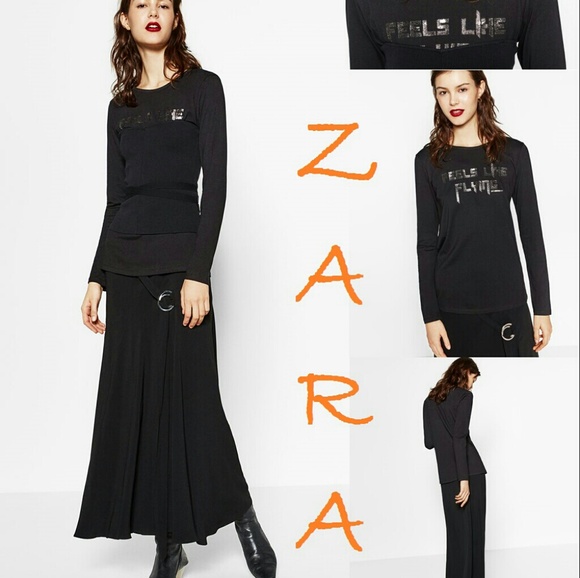 ZARA New Black Long Sleeve Text T-Shirt - Picture 1 of 8