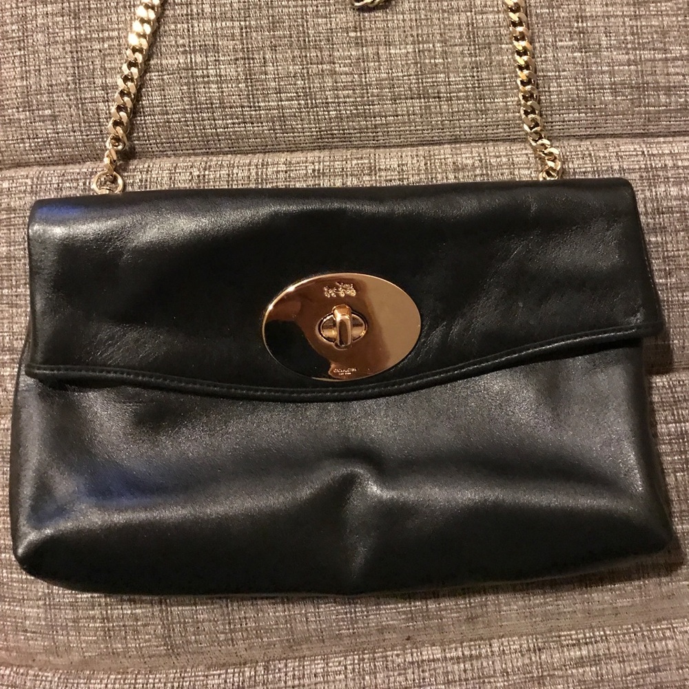 Black Leather Coach Flap Bag with gold chain