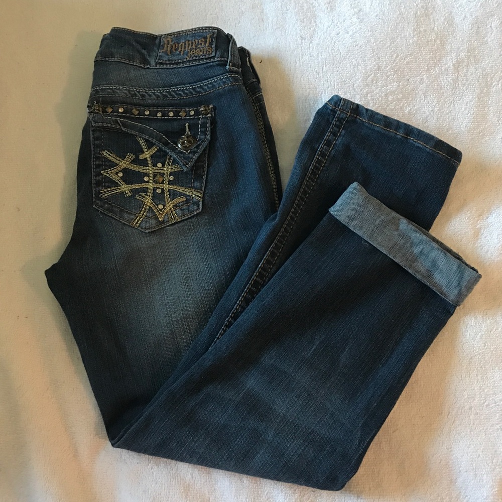Request Jeans Blue Embellished Crop Capri Skinny 5