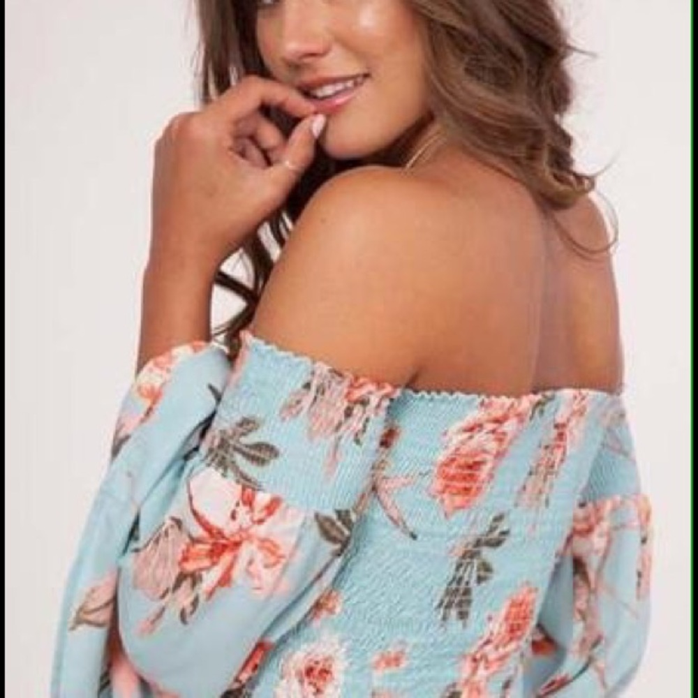 Peach Love Crop Top Off the Shoulder Smocked Floral Print - Picture 6 of 11