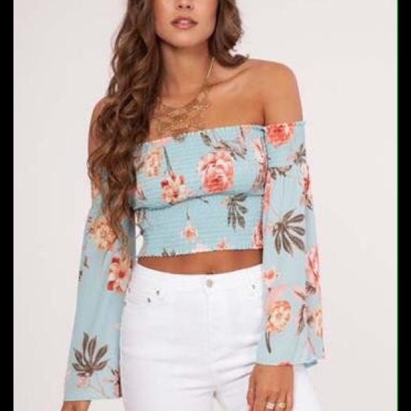 Peach Love Crop Top Off the Shoulder Smocked Floral Print - Picture 5 of 11