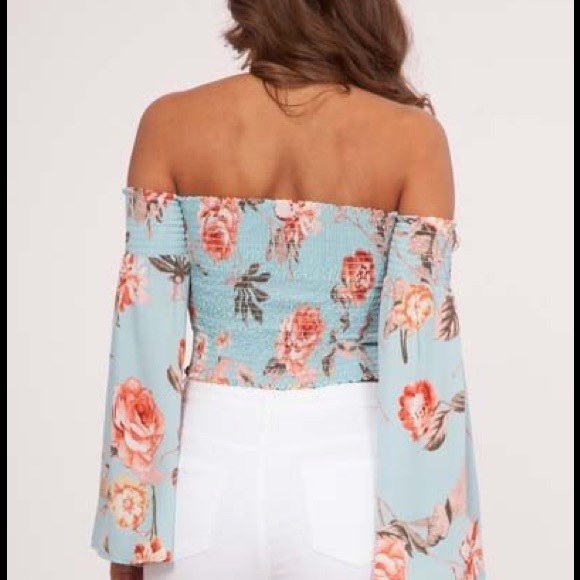 Peach Love Crop Top Off the Shoulder Smocked Floral Print - Picture 8 of 11