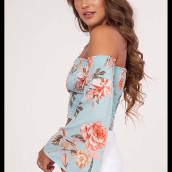 Peach Love Crop Top Off the Shoulder Smocked Floral Print - Picture 7 of 11