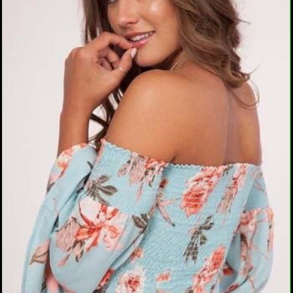 Peach Love Crop Top Off the Shoulder Smocked Floral Print - Picture 6 of 11