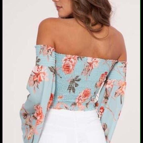 Peach Love Crop Top Off the Shoulder Smocked Floral Print - Picture 9 of 11