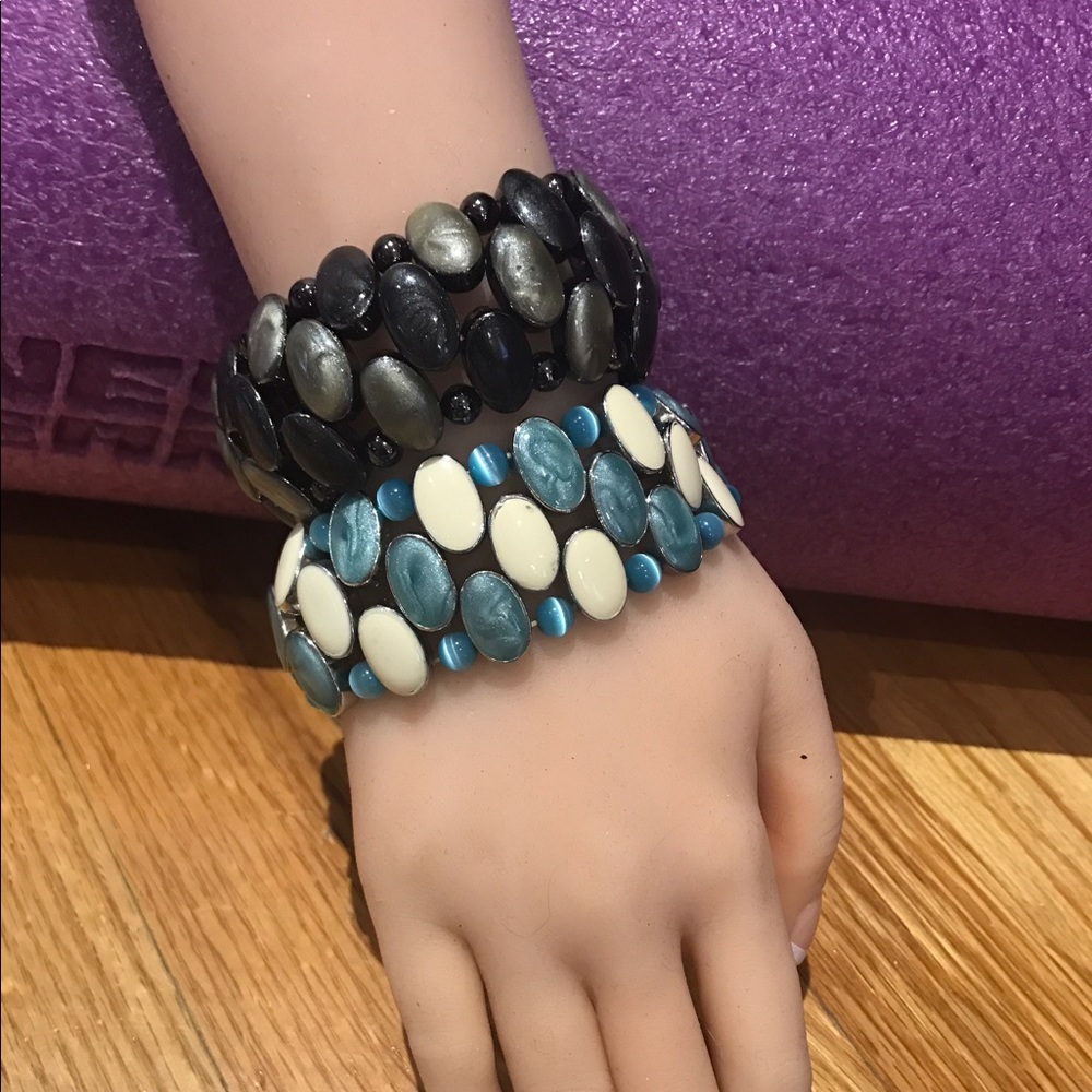 2!!! Light blue & black/gray elastic bracelets