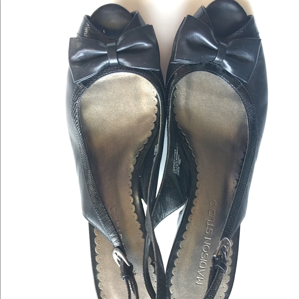 !!Madison Studio black leather, peep-toe wedges!!