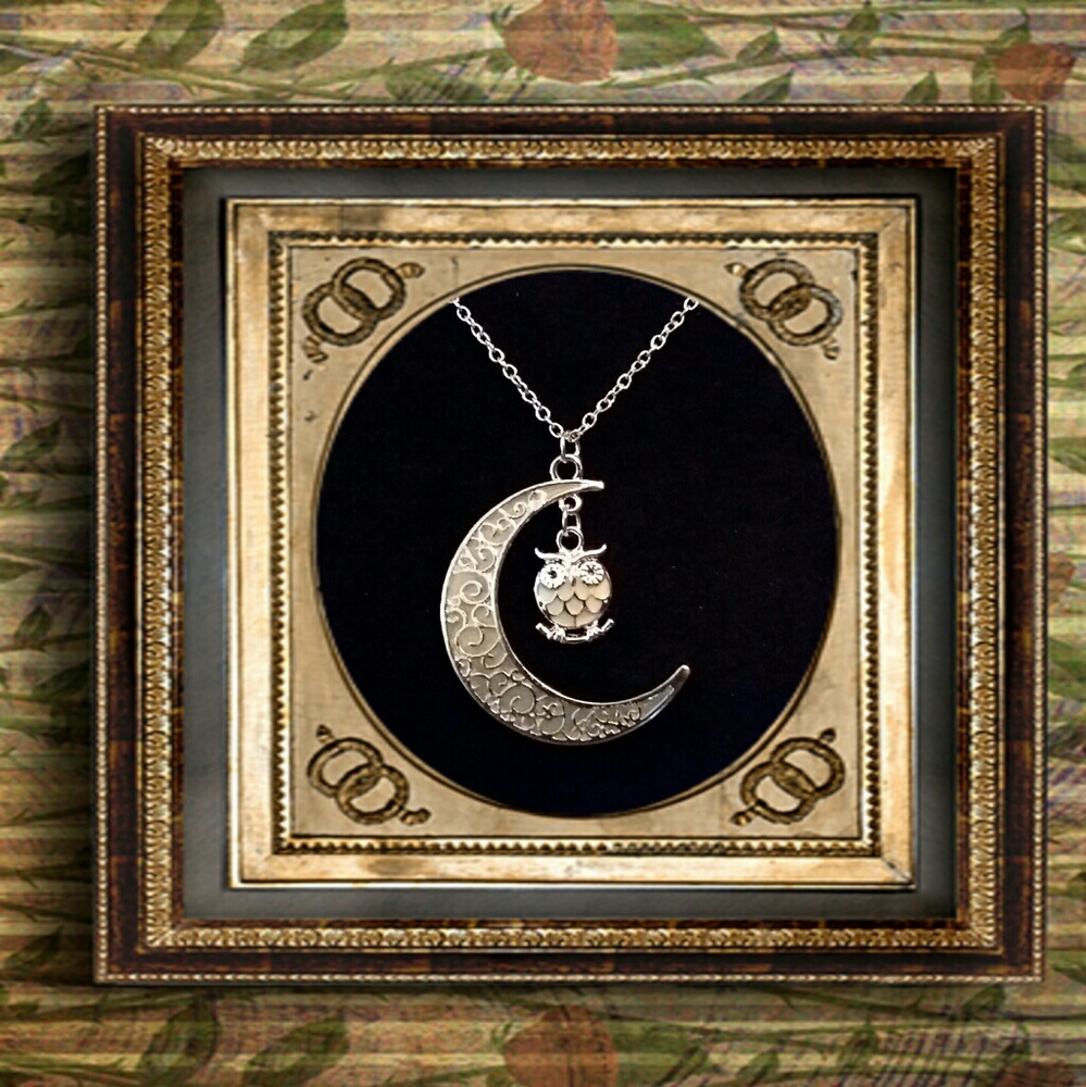 Glowing owl Cresent moon necklace