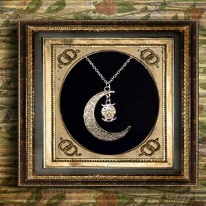 Glowing owl Cresent moon necklace