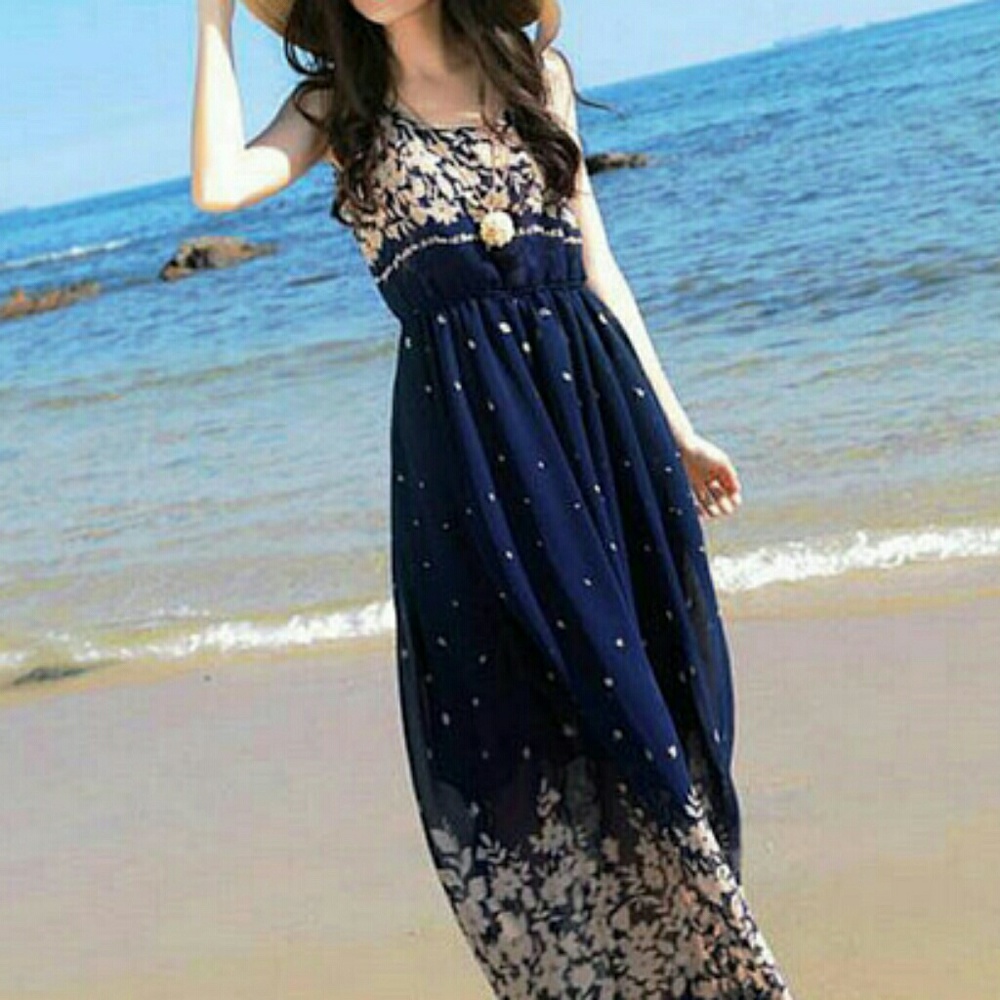 Floral Chiffon Maxi Dress, Navy Blue