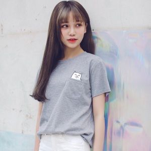 New women's top,T-shirt pocket cat short sleeve