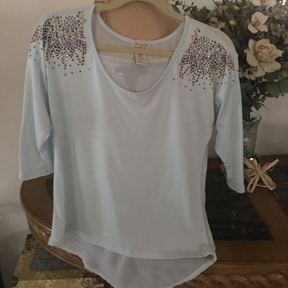New Rhinestone Shoulder Sheer Back Top - Picture 3 of 7