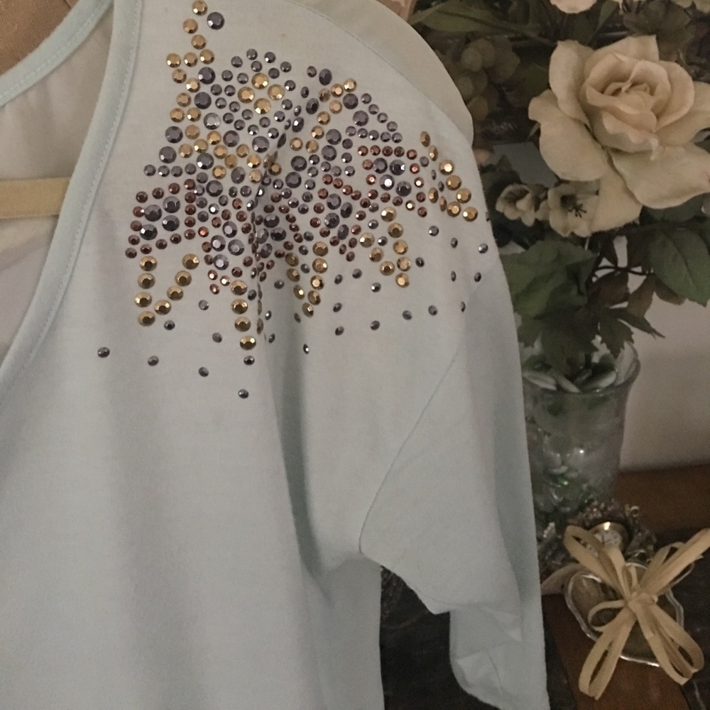 New Rhinestone Shoulder Sheer Back Top - Picture 6 of 7