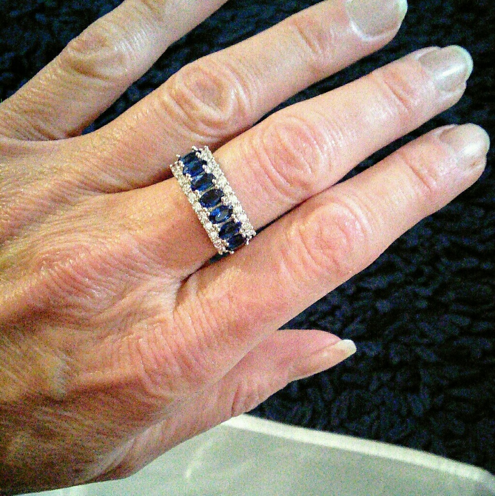 White Gold Plated Blue Sapphire and CZ Band Ring