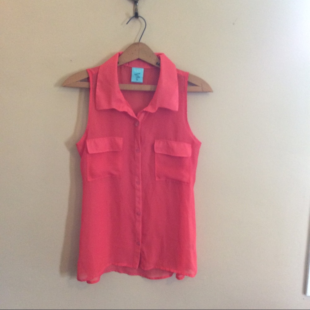 Coral Sheer Button Down Sleeveless