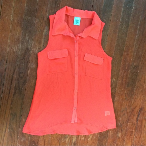 Coral Sheer Button Down Sleeveless - Picture 2 of 6