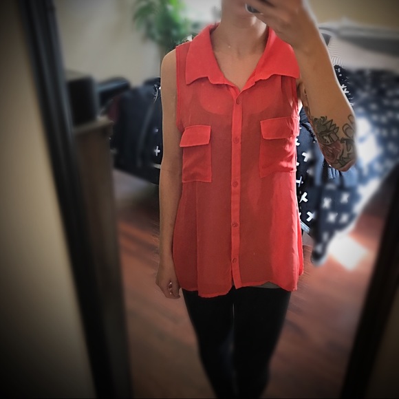 Coral Sheer Button Down Sleeveless - Picture 3 of 6