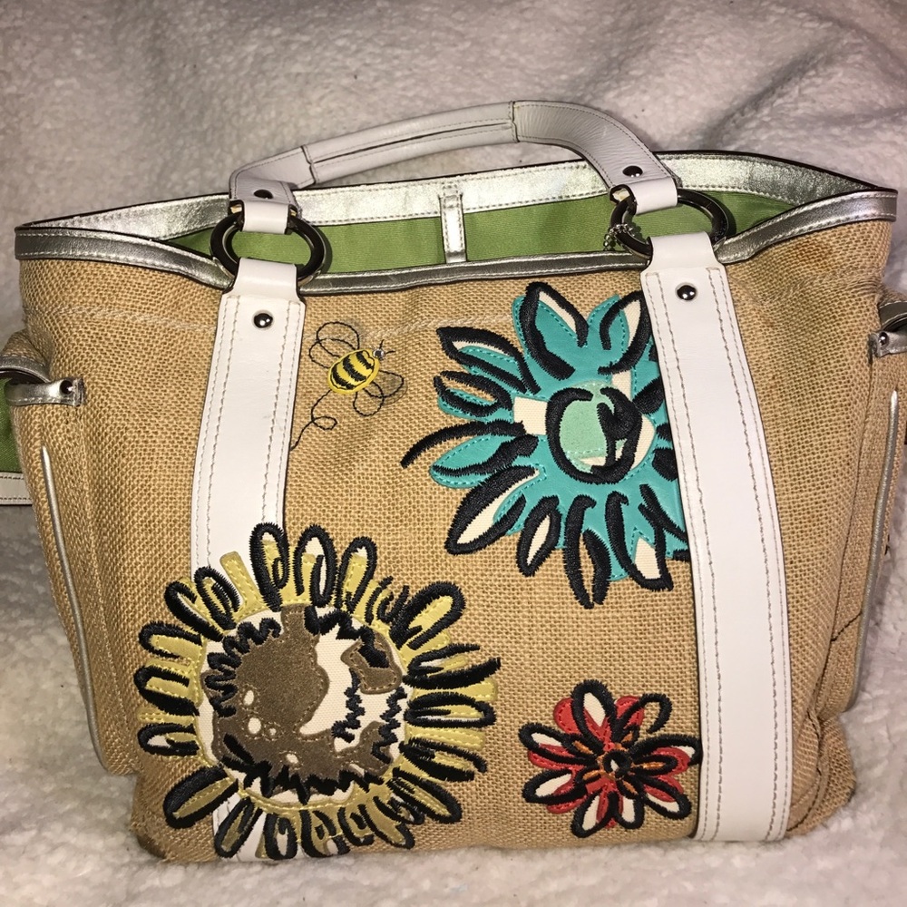 USED Coach embroidered straw & white leather tote