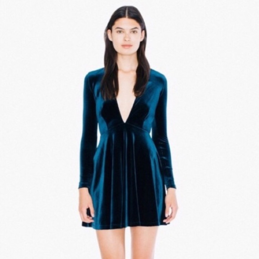 Blue Nile Velvet Long Sleeve Deep V Skater Dress - Picture 2 of 7