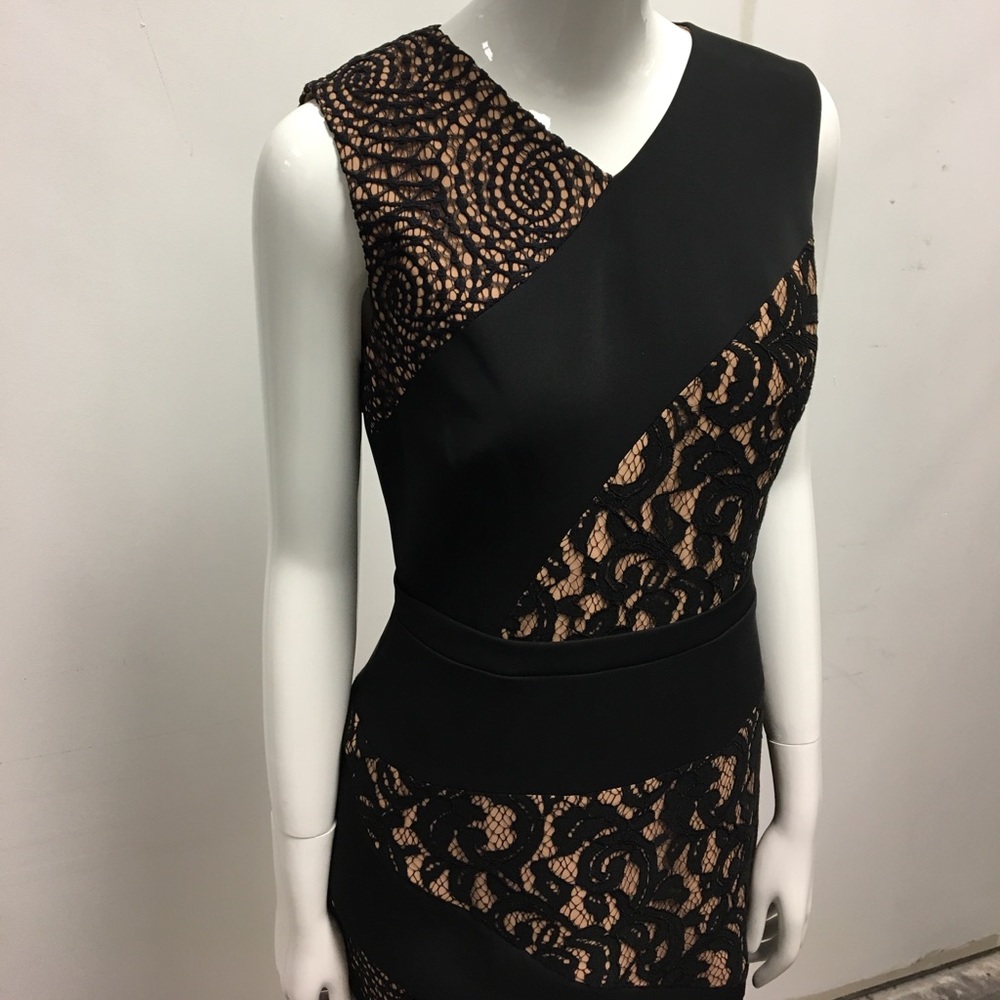 Black & tan lace patchwork cocktail dress