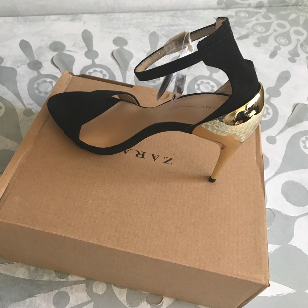 {Zara} Euro Sz 39/US 8 Black/Gold Metallic Heels - Picture 5 of 7