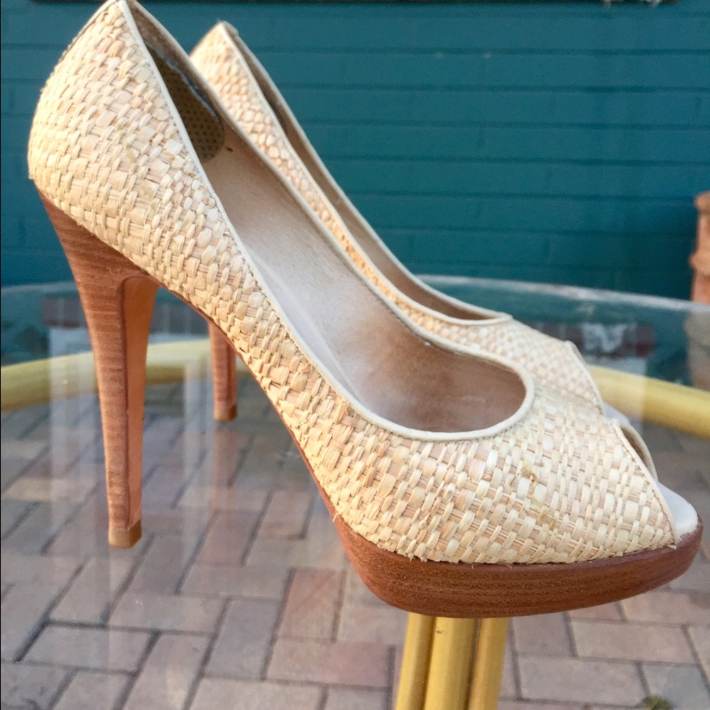 Straw peeptoe heels by Boutique 9