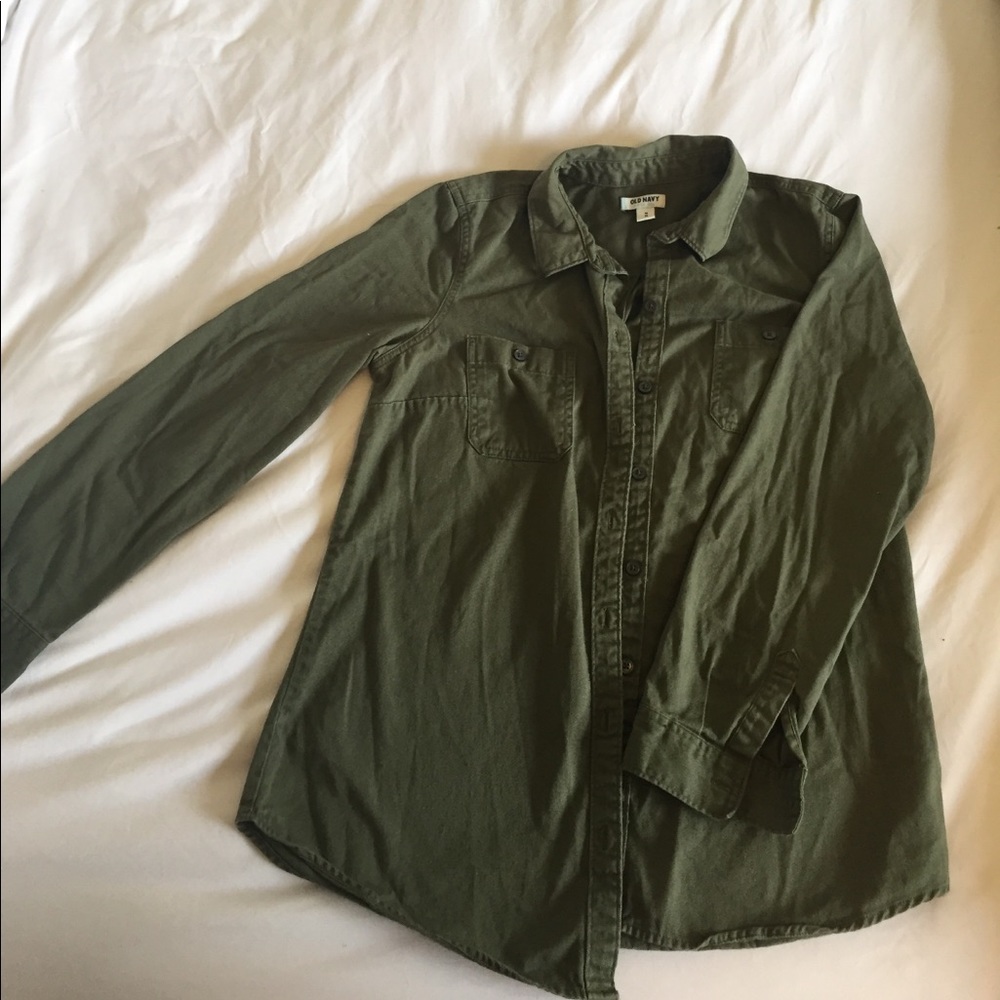 Army green denim button up.