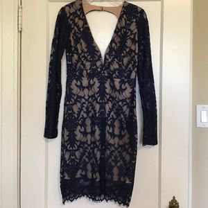 Midi lace overlay long sleeve dress