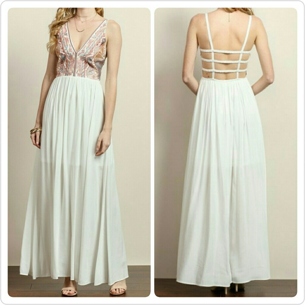 Embroidered Open Back Maxi Dress