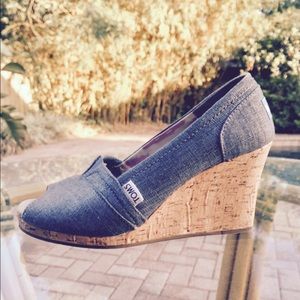 TOMS wedge denim peep toe slip ons