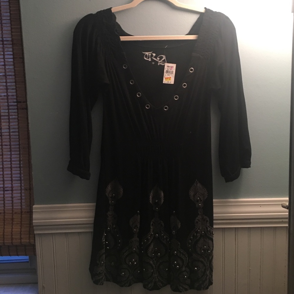 Black cotton dress with bohemian print