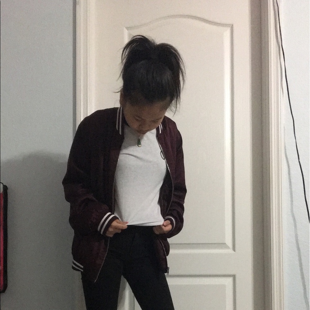 MAROON SATIN BOMBER JACKET f21