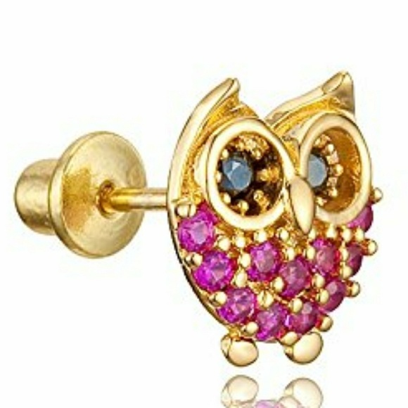 14k gold plated Red Owl CZ Girls Earrings - Picture 5 of 7